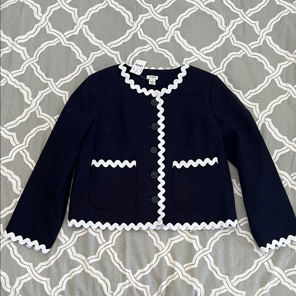 NWT J Crew Navy Lady Jacket with White Ric Rac Trim Sz 12